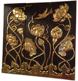 Asian Wood Carved Wall Art Panels. Flying Bird and Lotus flower Relief Wood Carved Wall Hanging. 36" Dark Brown and Gold