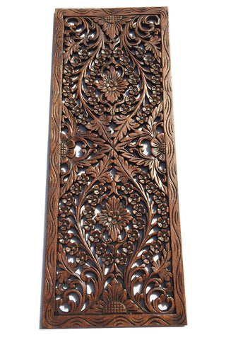 Floral Wood Carved Wall Panel. Wall Hanging. Asian Home Decor. Decorative Thai Wall Relief Panel Sculpture. Large Wood Wall Plaque 35.5"x13.5"x0.5" Color Options Available