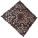 Oriental Hand Carved Wood Wall Plaques. Large Square Floral Wood Wall Hangings. Carved Wood Wall Decor. Carved Wood Wall Art. Decorative Thai Wall Relief Panel Sculpture. Dark Brown 24"x24"x0.5"