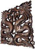 Chinese Dragon Wood Carving Wall Art Square Plaque. Dark Brown Finish. Size 17.5"Extra Thick