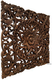 Oriental Floral Carved Teak Wood Wall Art Plaque. Square Rustic Home Decor. 24"x24"x1" Extra Thick Brown