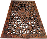 Wood Carved Panel. Floral Carved Wood Wall Hanging. Dark Brown Finish Size 24"x13.5"x0.5"