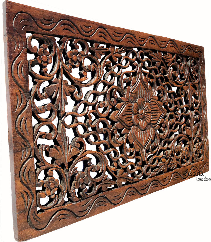 Wood Carved Panel. Floral Carved Wood Wall Hanging. Dark Brown Finish Size 24"x13.5"x0.5"