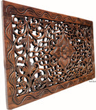 Wood Carved Panel. Floral Carved Wood Wall Hanging. Dark Brown Finish Size 24"x13.5"x0.5"