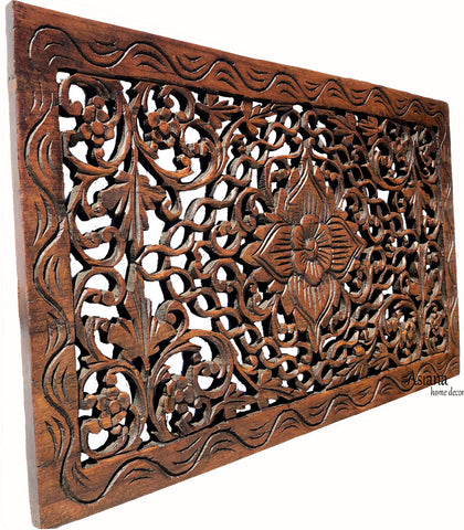 Wood Carved Panel. Floral Carved Wood Wall Hanging. Dark Brown Finish Size 24"x13.5"x0.5"