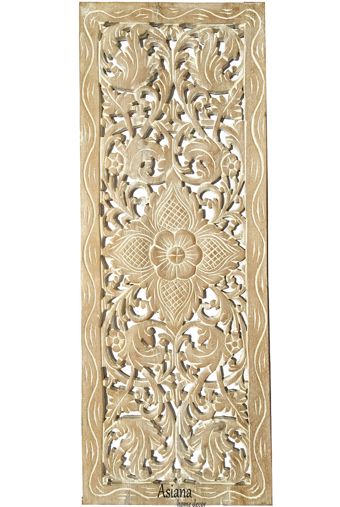 Floral Wood Carved Wall Panel. Decorative Thai Wall Relief Panel Sculpture. Size 35.5"x13.5"Available Color Options
