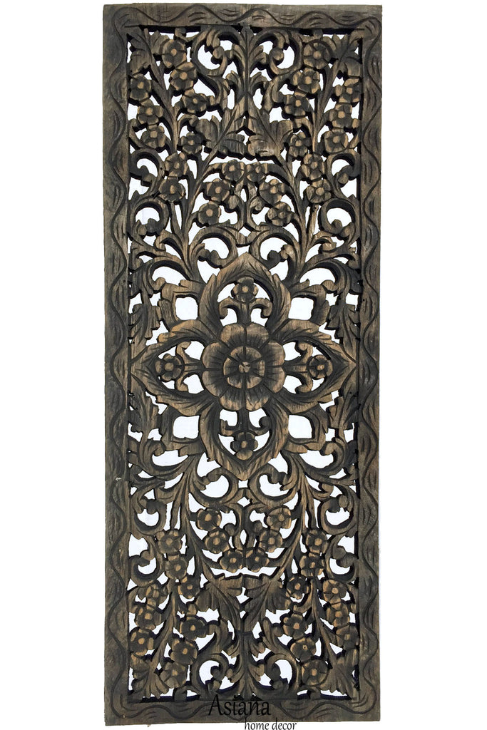 Floral Wood Carved Wall Panel. Decorative Thai Wall Relief Panel Sculpture. Large Carved Wood Wall Panel 35.5"x13.5" Color Options Available