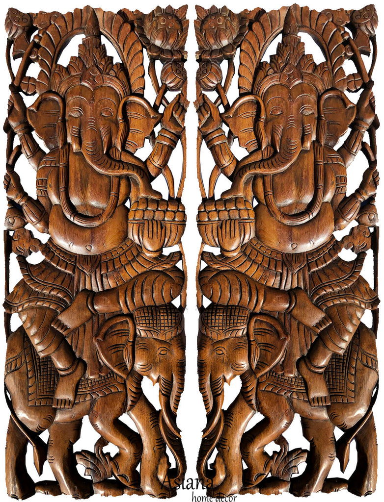Ganesha Buddha with Elephant Carved Wood Panels. Brown Finish 35.5”x13.5” Each, Set of 2 pcs