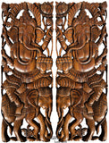 Ganesha Buddha with Elephant Carved Wood Panels. Brown Finish 35.5”x13.5” Each, Set of 2 pcs