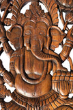 Ganesha Buddha with Elephant Carved Wood Panels. Brown Finish 35.5”x13.5” Each, Set of 2 pcs