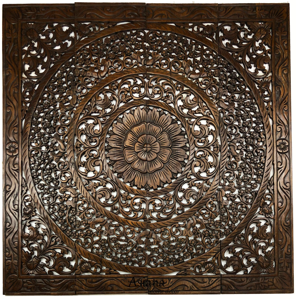 Carved Wood Sacred Floral Asian Home Decor Wall Art Panels. Bali Home Decor. Size 48" Color Options