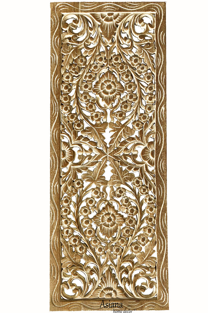 Floral Wood Carved Wall Panel. Wall Hanging. Asian Home Decor. Decorative Thai Wall Relief Panel Sculpture. Large Wood Wall Plaque 35.5"x13.5"x0.5" Color Options Available