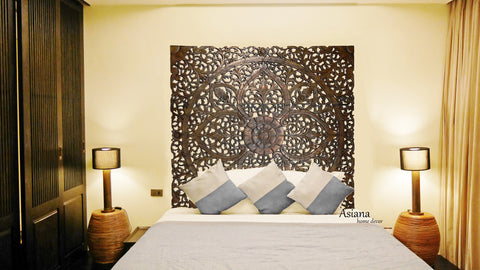 Headboard Wood Carved Wall Panel. Asian Balinese Home Decor. 60" Available in White Wash and Dark Brown
