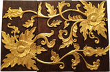Asian Wood Wall Art Panel. Gold Flower Relief Wood Carved Wall Hanging. 24"x36" Dark Brown and Gold