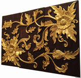 Asian Wood Wall Art Panel. Gold Flower Relief Wood Carved Wall Hanging. 24"x36" Dark Brown and Gold