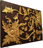 Asian Wood Wall Art Panel. Gold Flower Relief Wood Carved Wall Hanging. 24"x36" Dark Brown and Gold