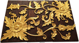 Asian Wood Wall Art Panel. Gold Flower Relief Wood Carved Wall Hanging. 24"x36" Dark Brown and Gold