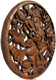 Round Ganesha Buddha with Lotus Carved Wood Wall Art Decor. Brown Finish 24" Extra Thick