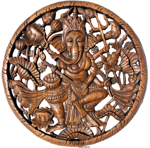 Round Ganesha Buddha with Lotus Carved Wood Wall Art Decor. Brown Finish 24" Extra Thick