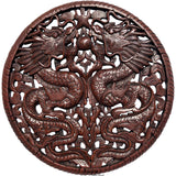 Round Chinese Lucky Dragon Carved Wood Wall Art Brown Finish. 24" Extra Thick
