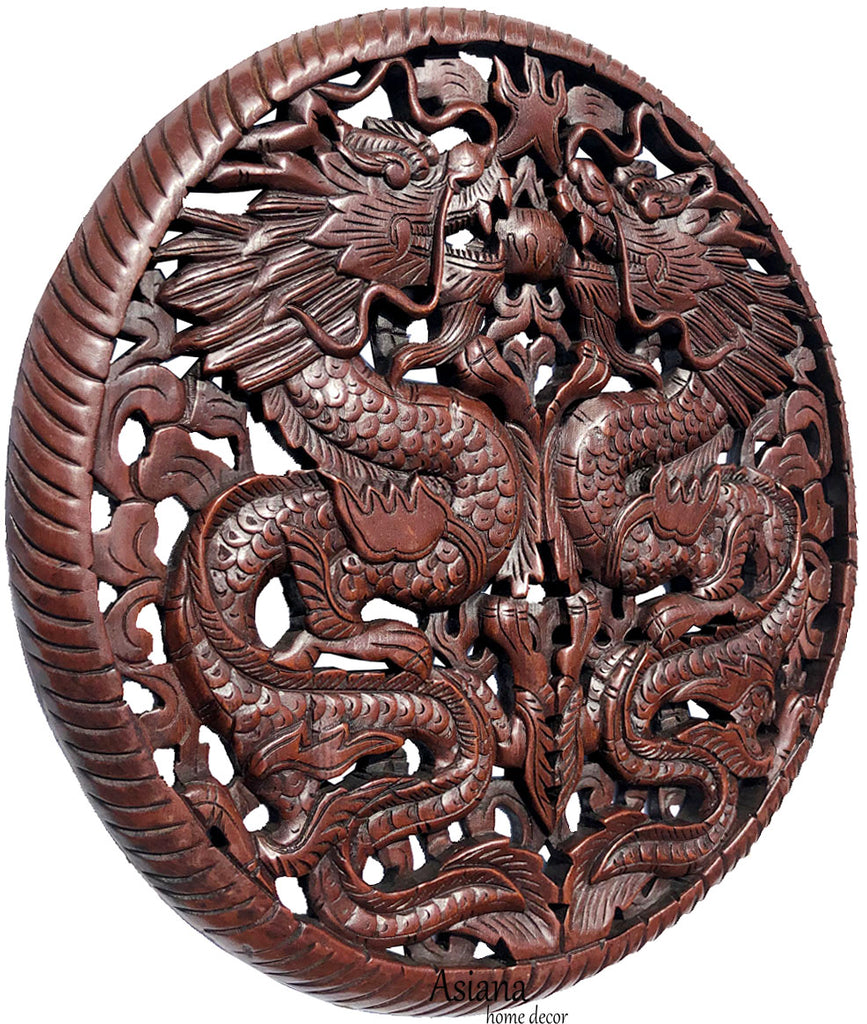 Round Chinese Lucky Dragon Carved Wood Wall Art Brown Finish. 24" Extra Thick