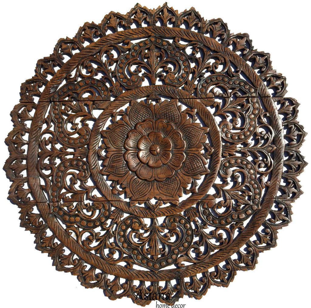 Elegant Medallion Wood Carved Wall Plaque. Large Round Wood Carving Sacred Fig Leaf Wall Decor Panel. Rustic Home Decor. Available Size 36" and 48" Color Options Available