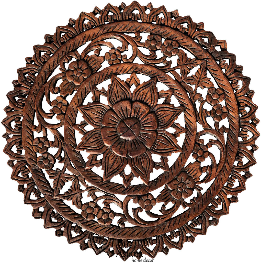 Oriental Tropical Flower Round Carved Wood Wall Decor. Rustic Home Decor. 24" Dark Brown