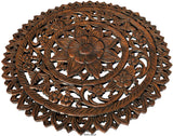 Oriental Tropical Flower Round Carved Wood Wall Decor. Rustic Home Decor. 24" Dark Brown