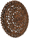 Oriental Tropical Flower Round Carved Wood Wall Decor. Rustic Home Decor. 24" Dark Brown