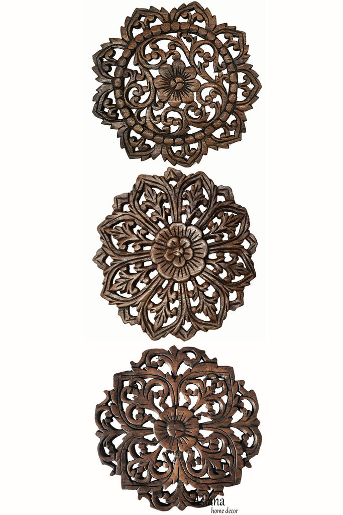 Wood Plaque Oriental Carved Lotus. Rustic Wall Decor. Set of 3. Size12" Optional Designs