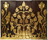 Asian Wood Sacred Fig Tree and Lotus Flower Relief Wall Art Panels. Elegant Gold leaf Wood Carved Wall Plaque. Dark Brown and Gold. Size Options Available