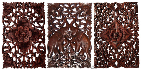 Set of 3. Wood Carved Panels Lucky Elephant and Floral. Teak Wood Wall Hanging. 12"x17.5" Dark Brown