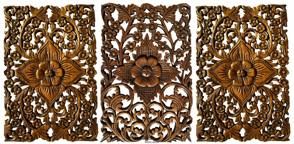 Small floral wood plaques set of 3 brown 