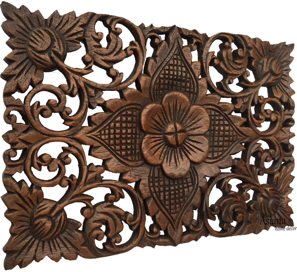 Wood Wall Decor Lotus flower.Oriental Home Decor. Decorative Wall Panel Sculpture. Hand Carved Wall Art Decor Panel. Rustic Wall Decor. Tropical Home Idea Decor. Living Room Wall Decor. Brown Finish 12"x17.5"x0.5"