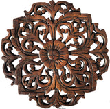 Small Round Carved Wood Floral Wall Plaque. Decorative Tropcial Rustic Wood Wall Decor. Dark Brown. Size 12"