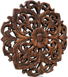 Small Round Carved Wood Floral Wall Plaque. Decorative Tropcial Rustic Wood Wall Decor. Dark Brown. Size 12"