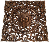 Oriental Floral Carved Teak Wood Wall Art Plaque. Square Rustic Home Decor. 24"x24"x1" Extra Thick Brown