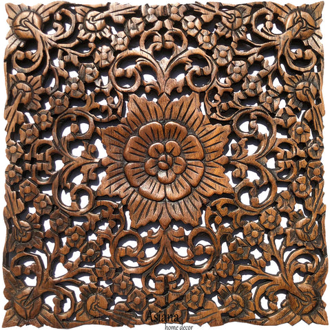 Lotus Flower Chain Rustic Square Carved Wood Wall Decor. Brown Finish, 17.5"