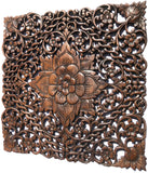 Lotus Flower Twisted Vine Rustic Square Carved Wood Wall Decor. Brown Finish, 17.5"