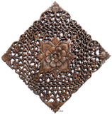 Lotus Flower Twisted Vine Rustic Square Carved Wood Wall Decor. Brown Finish, 17.5"