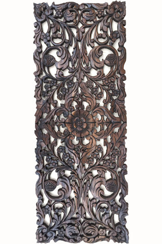Floral Wood Carved Wall Panel. Asian Home Decor Wall Hanging. Decorative headboard Relief Panel Sculpture. Dark Brown Finish 35.5"x13.5"x0.5"