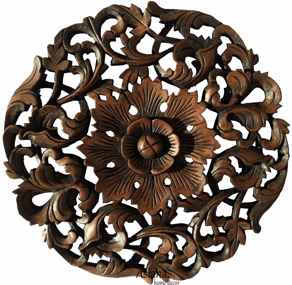 Tropical Floral Carved Wood Round Plaque. Decorative Teak Wood Wall Hanging. Rustic Wall Decor. Dark Brown Finish Size 17.5"x17.5"x1"