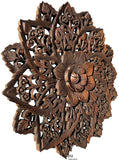 Oriental Round Carved Wood Water Lilly Wall Decor. Dark Brown Size 17.5" and 24" Extra Thick