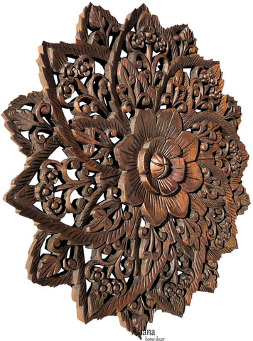 Oriental Round Carved Wood Water Lilly Wall Decor. Dark Brown Size 17.5" and 24" Extra Thick