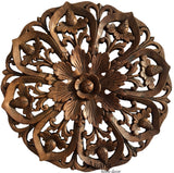 Oriental Round Carved Wood Lotus Wall Decor. Teak Wood Wall Hanging. Rustic Home Decor. Brown 24" Extra Thick