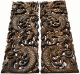 Thai Figure Mermaid Asian Home Decor Carved wood wall art panels. Wall Art. Brown Finish 35.5”x13.5”x1" Each, Set of 2 pcs