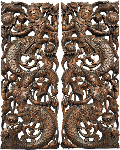 Thai Figure Mermaid Asian Home Decor Carved wood wall art panels. Wall Art. Brown Finish 35.5”x13.5”x1" Each, Set of 2 pcs