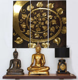 Asian Wood Wall Art Panels. Elegant Gold Sacred fig leaf Relief Wood Carved Wall Plaque. 36" Dark Brown and Gold