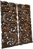 Thai Figure Mermaid Asian Home Decor Carved wood wall art panels. Wall Art. Brown Finish 35.5”x13.5”x1" Each, Set of 2 pcs