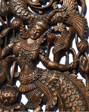 Thai Figure Mermaid Asian Home Decor Carved wood wall art panels. Wall Art. Brown Finish 35.5”x13.5”x1" Each, Set of 2 pcs